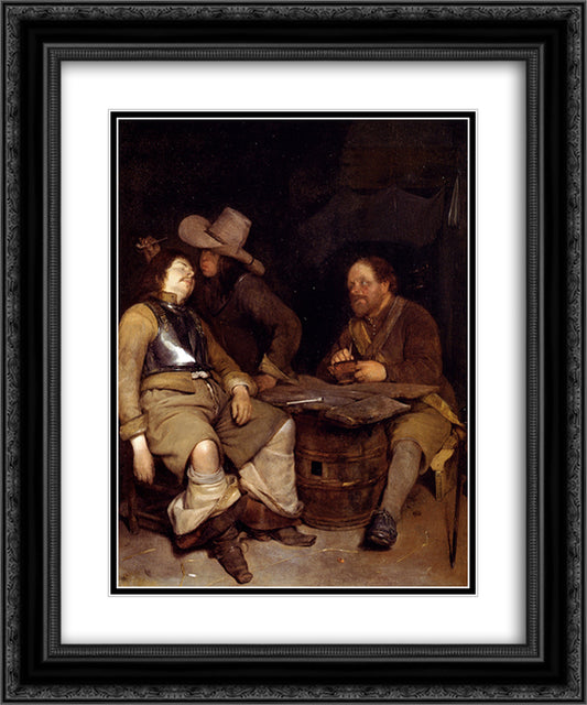 A Guard Room Interior With A Soldier Blowing Smoke In The Face Of His Sleeping Companion 20x24 Black Ornate Wood Framed Art Print Poster with Double Matting by Terborch, Gerard