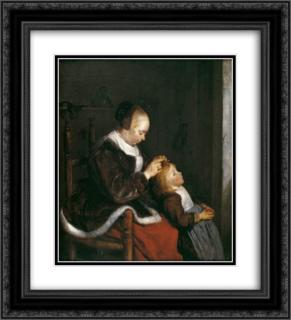 Mother Combing the Hair of Her Child 20x22 Black Ornate Wood Framed Art Print Poster with Double Matting by Terborch, Gerard