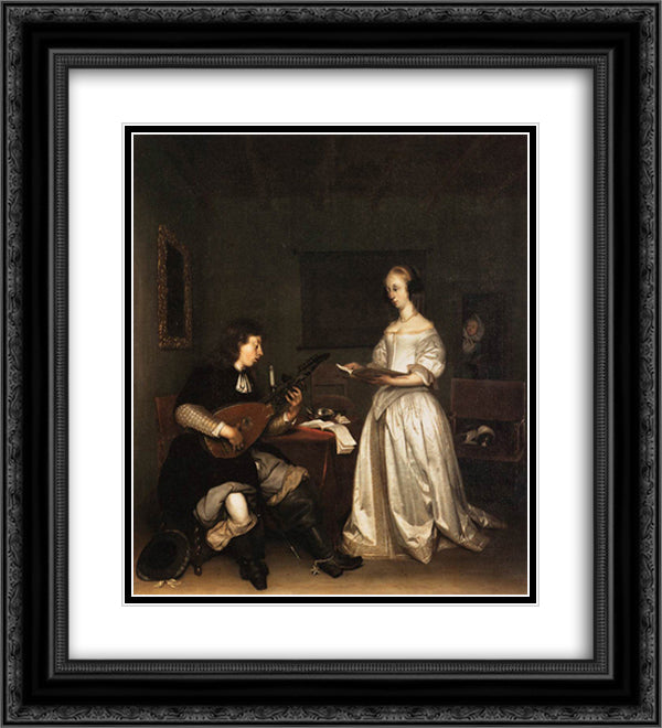 The Duet Singer and Theorbo Player 20x22 Black Ornate Wood Framed Art Print Poster with Double Matting by Terborch, Gerard