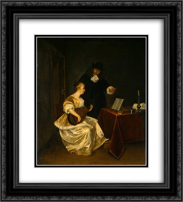 The music lesson 20x22 Black Ornate Wood Framed Art Print Poster with Double Matting by Terborch, Gerard