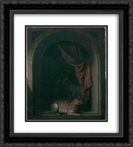A cat at the window of a painters' studios 20x22 Black Ornate Wood Framed Art Print Poster with Double Matting by Gerrit, Dou