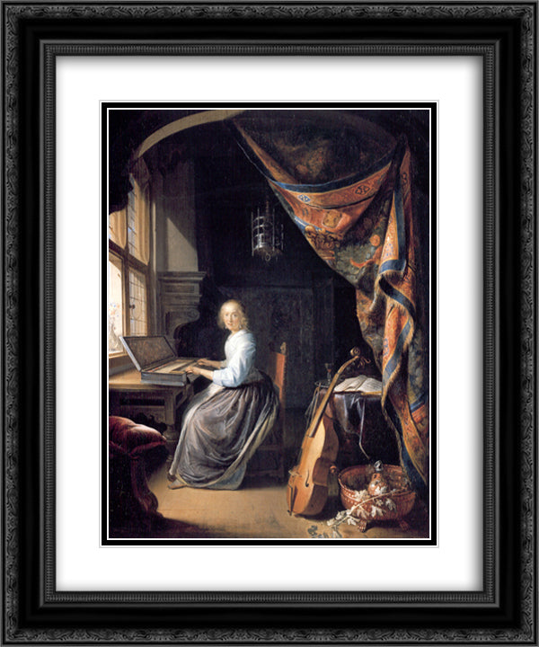 A Lady Playing the Clavichord 20x24 Black Ornate Wood Framed Art Print Poster with Double Matting by Gerrit, Dou