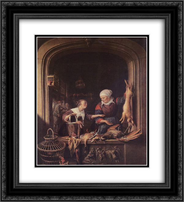 A Poulterer's Shop 20x22 Black Ornate Wood Framed Art Print Poster with Double Matting by Gerrit, Dou