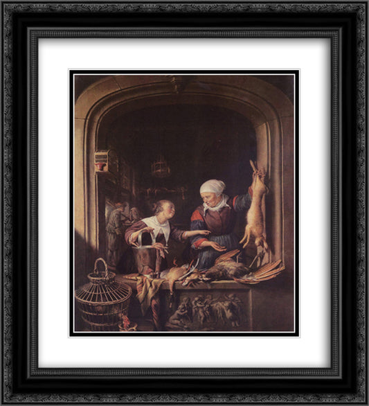 A Poulterer's Shop 20x22 Black Ornate Wood Framed Art Print Poster with Double Matting by Gerrit, Dou
