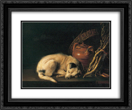 A Sleeping Dog with Terracotta Pot 24x20 Black Ornate Wood Framed Art Print Poster with Double Matting by Gerrit, Dou