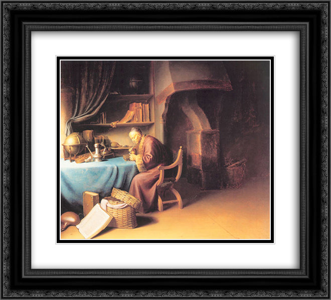 An Old Man Lighting his Pipe in a Study 22x20 Black Ornate Wood Framed Art Print Poster with Double Matting by Gerrit, Dou