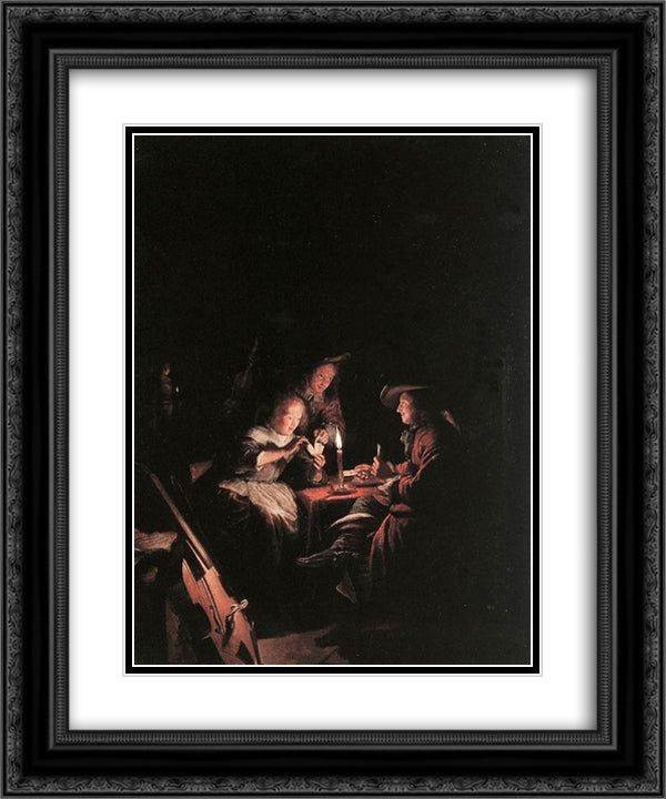 Cardplayers at Candlelight 20x24 Black Ornate Wood Framed Art Print Poster with Double Matting by Gerrit, Dou