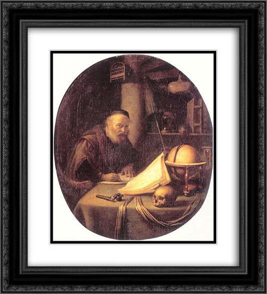 Man Interrupted at His Writing 20x22 Black Ornate Wood Framed Art Print Poster with Double Matting by Gerrit, Dou