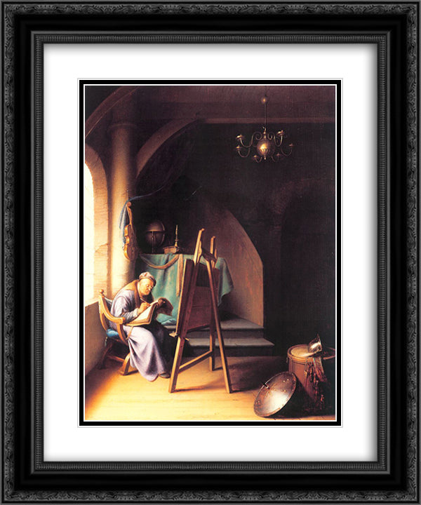 Man with Easel 20x24 Black Ornate Wood Framed Art Print Poster with Double Matting by Gerrit, Dou
