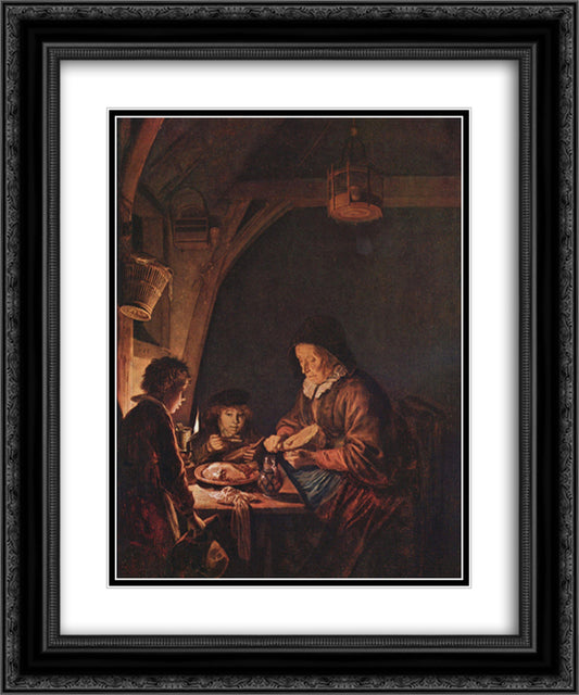 Old Woman Cutting Bread 20x24 Black Ornate Wood Framed Art Print Poster with Double Matting by Gerrit, Dou