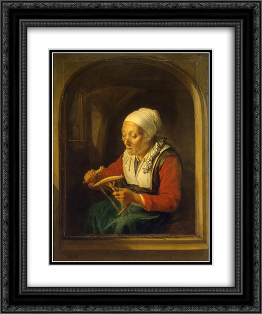 Old Woman Unreeling Threads 20x24 Black Ornate Wood Framed Art Print Poster with Double Matting by Gerrit, Dou