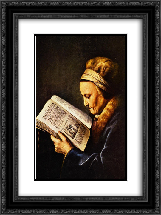 Portrait of an old woman reading 18x24 Black Ornate Wood Framed Art Print Poster with Double Matting by Gerrit, Dou