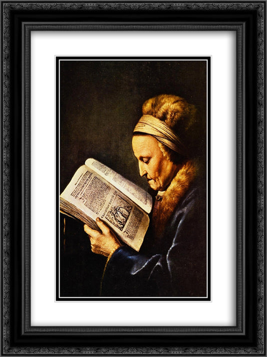 Portrait of an old woman reading 18x24 Black Ornate Wood Framed Art Print Poster with Double Matting by Gerrit, Dou