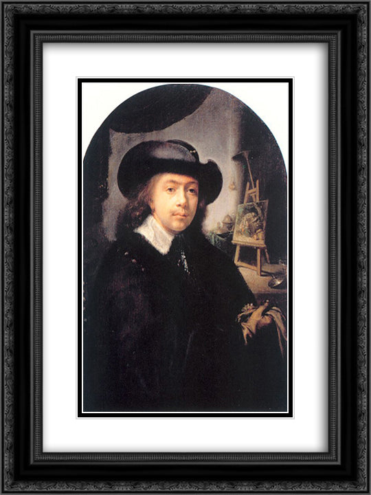 Portrait Of The Artist In His Studio 18x24 Black Ornate Wood Framed Art Print Poster with Double Matting by Gerrit, Dou