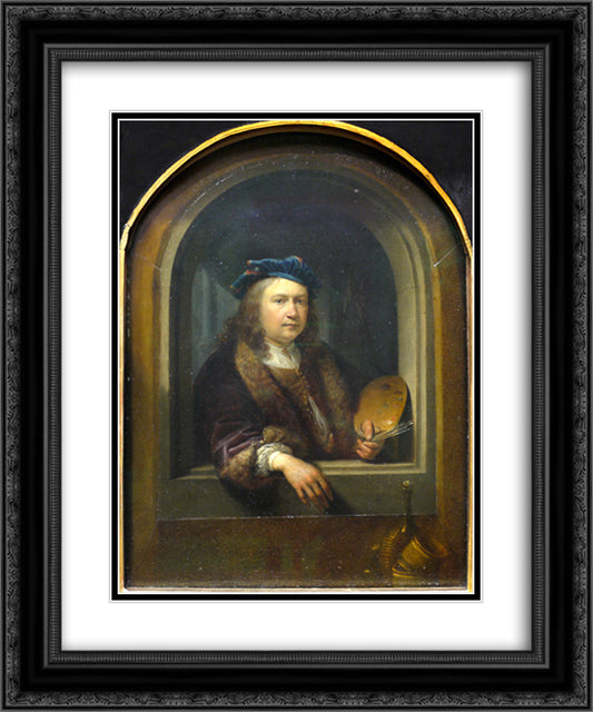 Self-portrait with a Palette, in a Niche 20x24 Black Ornate Wood Framed Art Print Poster with Double Matting by Gerrit, Dou