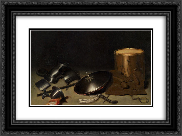 Still life with armor, shield, halberd, sword, leather jacket and drum 24x18 Black Ornate Wood Framed Art Print Poster with Double Matting by Gerrit, Dou