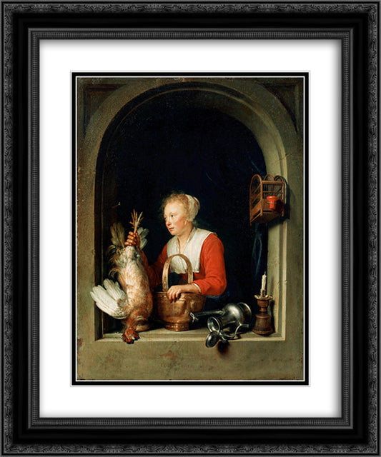 The Dutch Housewife or, The Woman Hanging a Cockerel in the Window 20x24 Black Ornate Wood Framed Art Print Poster with Double Matting by Gerrit, Dou