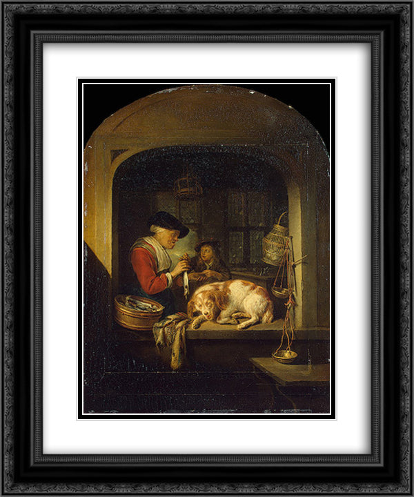 The herring seller 20x24 Black Ornate Wood Framed Art Print Poster with Double Matting by Gerrit, Dou