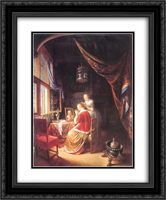 The Lady at Her Dressing Table 20x24 Black Ornate Wood Framed Art Print Poster with Double Matting by Gerrit, Dou