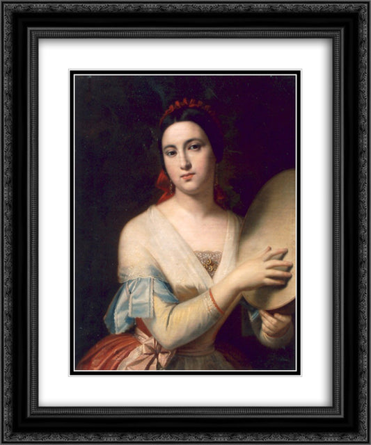 Woman with Tambourine 20x24 Black Ornate Wood Framed Art Print Poster with Double Matting by Tattarescu, Gheorghe