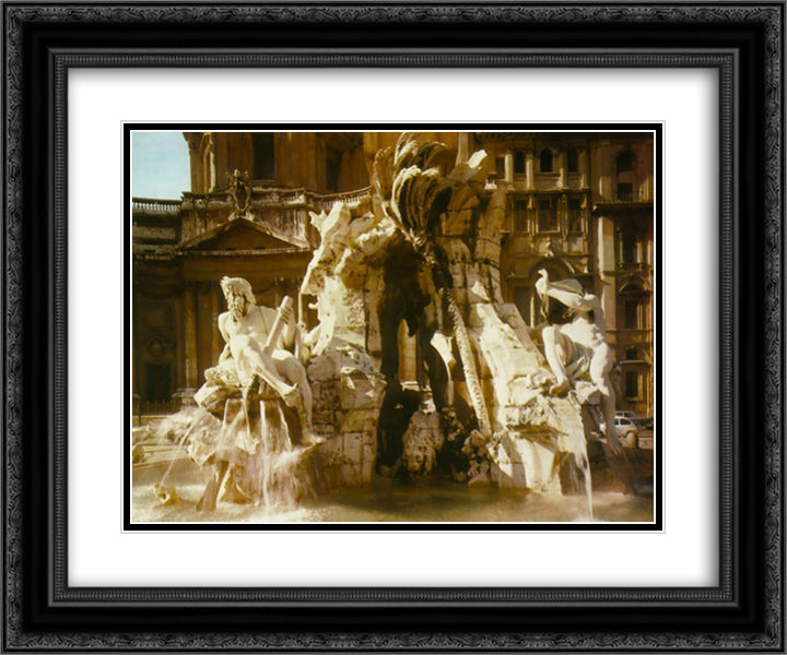 The Four Rivers Fountain 24x20 Black Ornate Wood Framed Art Print Poster with Double Matting by Bernini, Gian Lorenzo