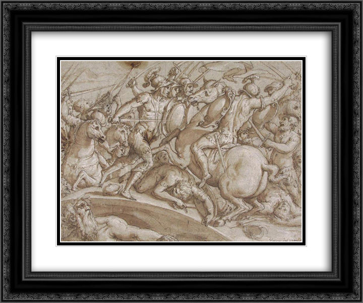 Defence of Ponte Rozzo on the river Ticino in 1524 24x20 Black Ornate Wood Framed Art Print Poster with Double Matting by Vasari, Giorgio