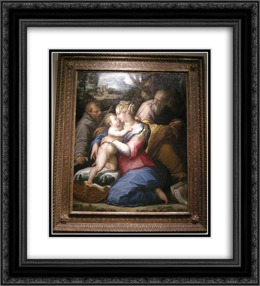 Holy Family with St. Francis in a Landscape 20x22 Black Ornate Wood Framed Art Print Poster with Double Matting by Vasari, Giorgio