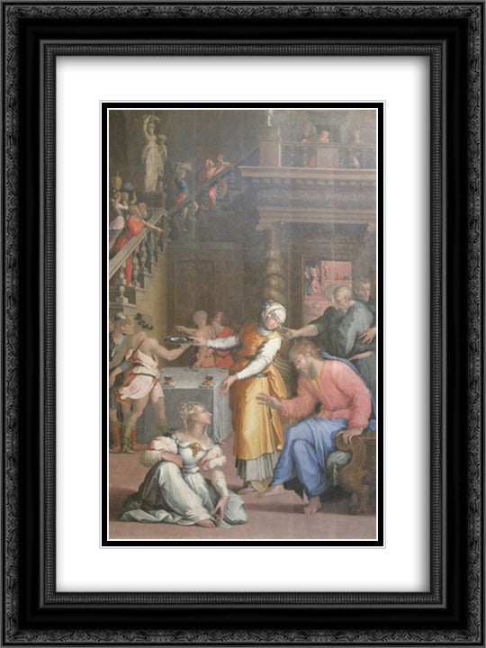 Jesus Christ in the House of Martha and Mary 18x24 Black Ornate Wood Framed Art Print Poster with Double Matting by Vasari, Giorgio