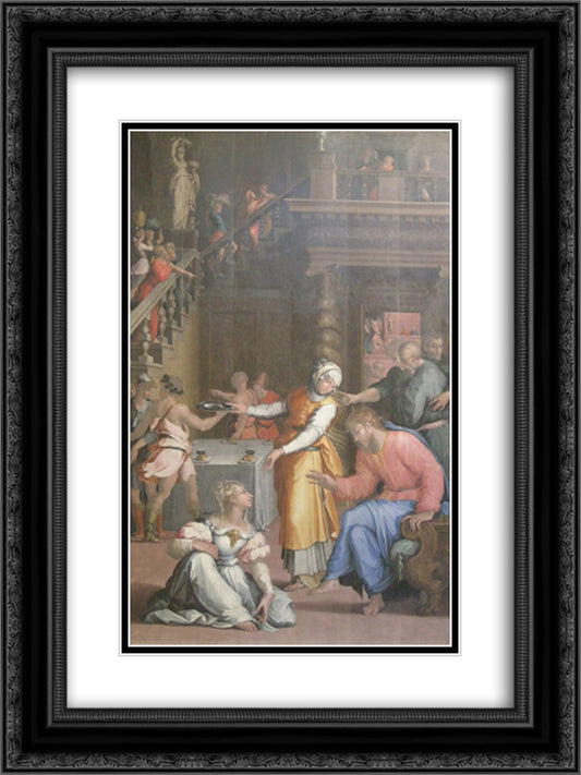 Jesus Christ in the House of Martha and Mary 18x24 Black Ornate Wood Framed Art Print Poster with Double Matting by Vasari, Giorgio