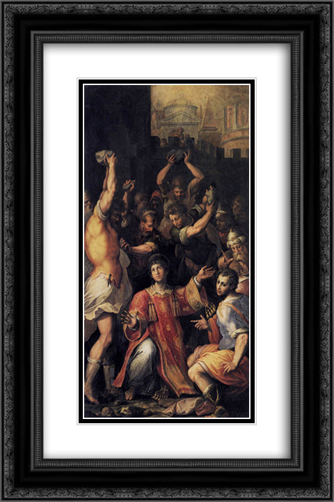 Martyrdom of St. Stephen 16x24 Black Ornate Wood Framed Art Print Poster with Double Matting by Vasari, Giorgio