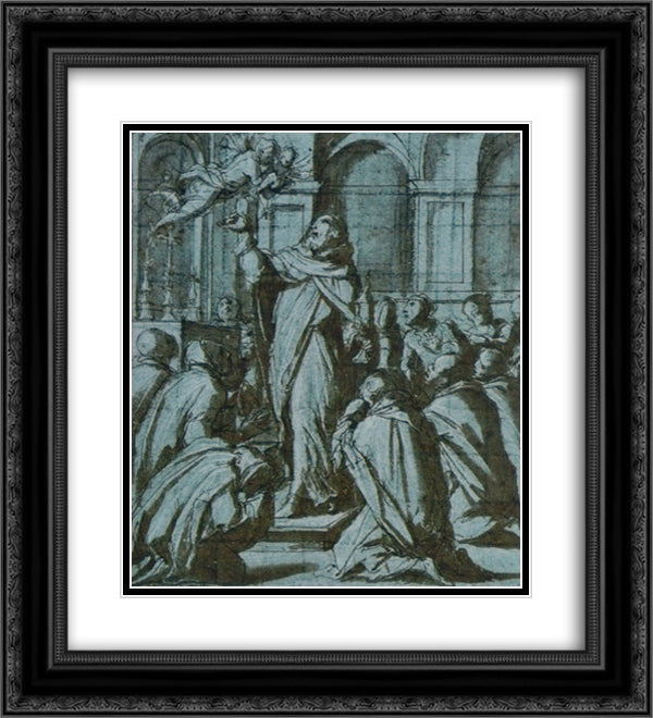 Peter of Verona exorcising a demon personified by a Madonna and Child 20x22 Black Ornate Wood Framed Art Print Poster with Double Matting by Vasari, Giorgio