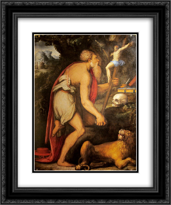 St. Jerome in meditation 20x24 Black Ornate Wood Framed Art Print Poster with Double Matting by Vasari, Giorgio