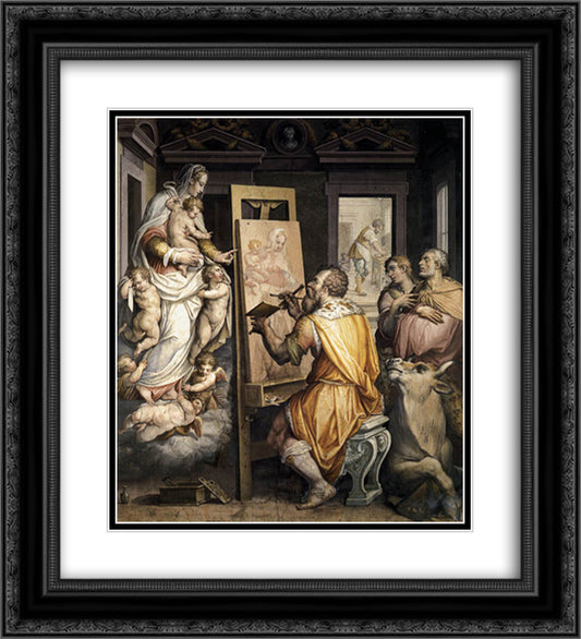 St. Luke Painting the Virgin 20x22 Black Ornate Wood Framed Art Print Poster with Double Matting by Vasari, Giorgio