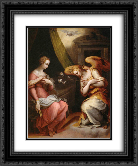 The Annunciation 20x24 Black Ornate Wood Framed Art Print Poster with Double Matting by Vasari, Giorgio