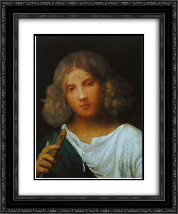 Boy with flute 20x24 Black Ornate Wood Framed Art Print Poster with Double Matting by Giorgione