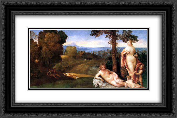 Nymphs And Children In a Landscape With Shepherds 24x16 Black Ornate Wood Framed Art Print Poster with Double Matting by Giorgione