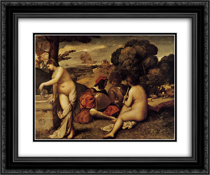 Pastoral Concert (Fete champetre) 24x20 Black Ornate Wood Framed Art Print Poster with Double Matting by Giorgione