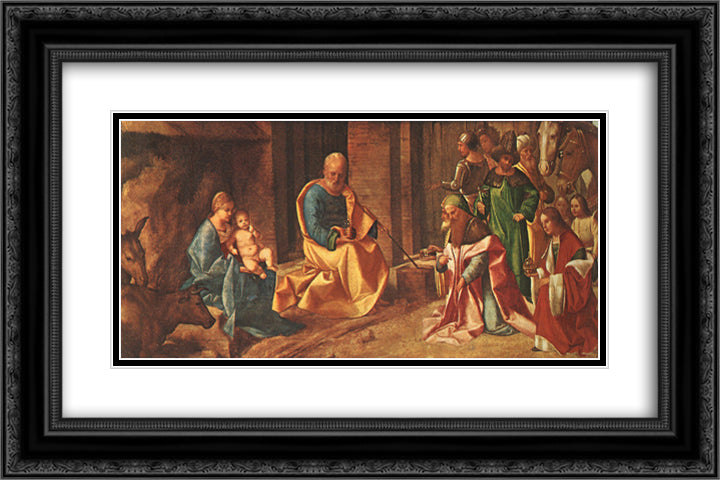 The Adoration of the Kings 24x16 Black Ornate Wood Framed Art Print Poster with Double Matting by Giorgione