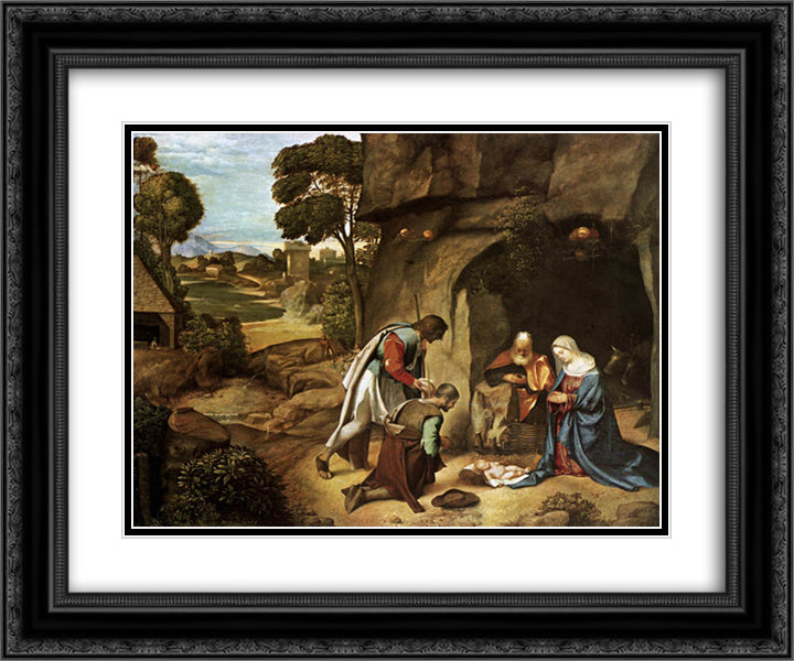 The Adoration of the Shepherds 24x20 Black Ornate Wood Framed Art Print Poster with Double Matting by Giorgione