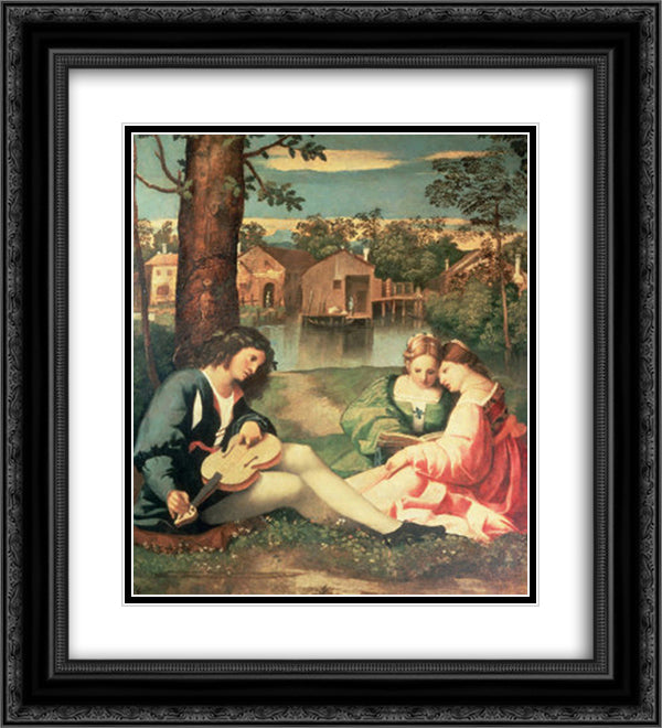 Youth with a guitar and two girls sitting on a river bank 20x22 Black Ornate Wood Framed Art Print Poster with Double Matting by Giorgione