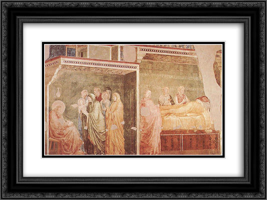 The Birth of St. John the Baptist and his father Zacharias writing his name 24x18 Black Ornate Wood Framed Art Print Poster with Double Matting by Giotto