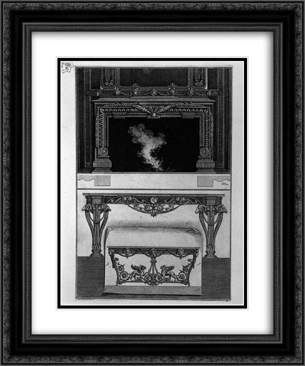 A chimney top, and bottom wall two tables, the inf on a sheet of paper 20x24 Black Ornate Wood Framed Art Print Poster with Double Matting by Piranesi, Giovanni Battista