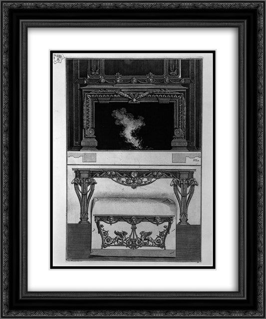A chimney top, and bottom wall two tables, the inf on a sheet of paper 20x24 Black Ornate Wood Framed Art Print Poster with Double Matting by Piranesi, Giovanni Battista