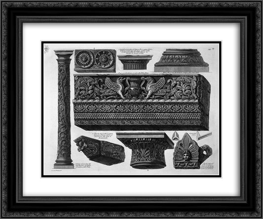 A frieze with architrave, column, two capitals, a bed, a shelf and two terracotta 24x20 Black Ornate Wood Framed Art Print Poster with Double Matting by Piranesi, Giovanni Battista