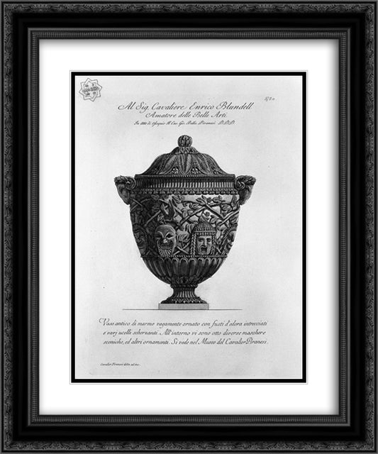 Ancient marble vase decorated with twisted stems of ivy, birds and scenic masks scherzanti 20x24 Black Ornate Wood Framed Art Print Poster with Double Matting by Piranesi, Giovanni Battista