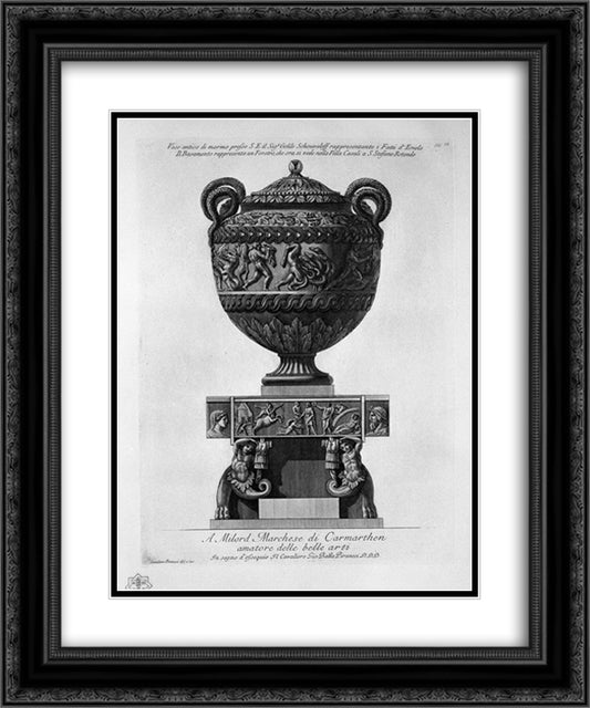 Antique vase of marble representing the feats of Hercules, with the base representing a coffin 20x24 Black Ornate Wood Framed Art Print Poster with Double Matting by Piranesi, Giovanni Battista