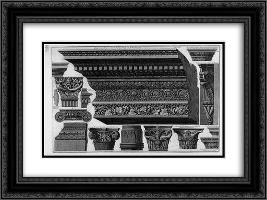 Architrave, frieze, cornice, various capitals (Saints Cosmas and Damian, St. Peter, etc.) 24x18 Black Ornate Wood Framed Art Print Poster with Double Matting by Piranesi, Giovanni Battista