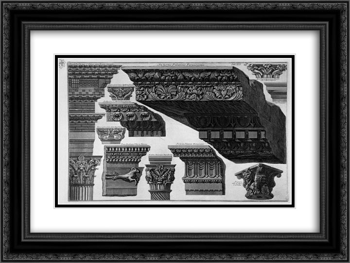 Capitals, friezes, cornices (Farnese Gardens, Santa Maria in Trastevere, etc.) 24x18 Black Ornate Wood Framed Art Print Poster with Double Matting by Piranesi, Giovanni Battista