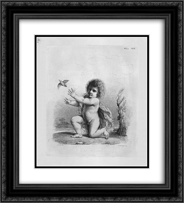 Cherub kneeling releasing a bird by Guercino 20x22 Black Ornate Wood Framed Art Print Poster with Double Matting by Piranesi, Giovanni Battista