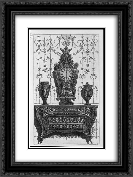 Chest of drawers with patterns of diamonds, on a clock and two decorative vases 18x24 Black Ornate Wood Framed Art Print Poster with Double Matting by Piranesi, Giovanni Battista